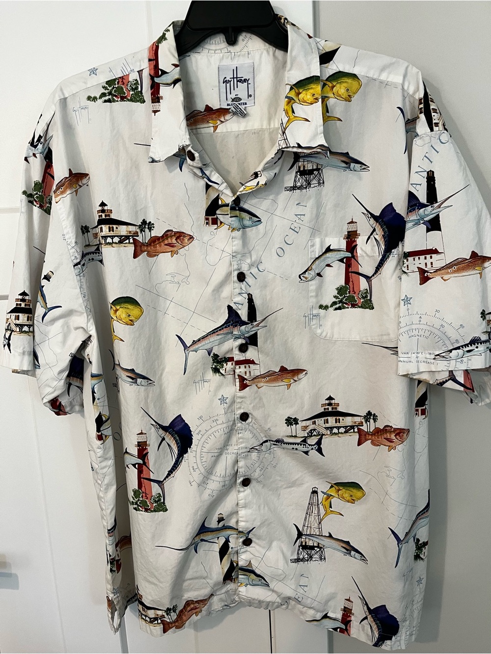 Guy Harvey Men’s White Fishing Print Short-Sleeve Button Shirt 3X